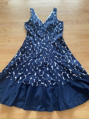 Nine West Navy and White Polka Dot V-Neck Fit-and-Flare Midi Dress